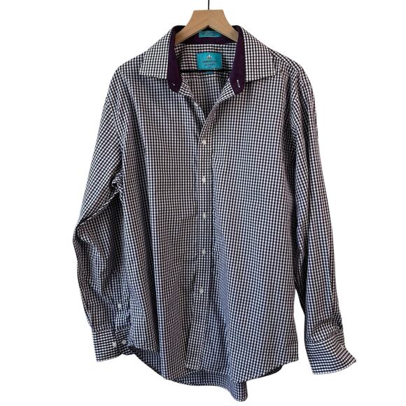 Christian Aujard Mens Shirt XL Purple Check Button Up Plaid Paisley Flip Cuff - Picture 1 of 7